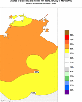 probability of exceeding median minimum temperature - click on the image for a larger version of the map