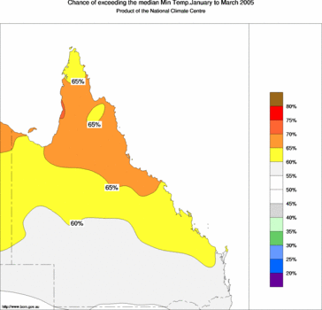 probability of exceeding median minimum temperature - click on the image for a larger version of the map
