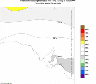 probability of exceeding median minimum temperature - click on the image for a larger version of the map