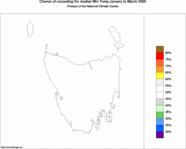 probability of exceeding median minimum temperature - click on the image for a larger version of the map