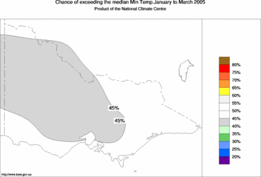 probability of exceeding median minimum temperature - click on the image for a larger version of the map