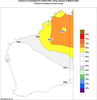 probability of exceeding median minimum temperature - click on the image for a larger version of the map