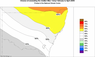 probability of exceeding median maximum temperature - click on the image for a larger version of the map