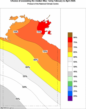 probability of exceeding median maximum temperature - click on the image for a larger version of the map