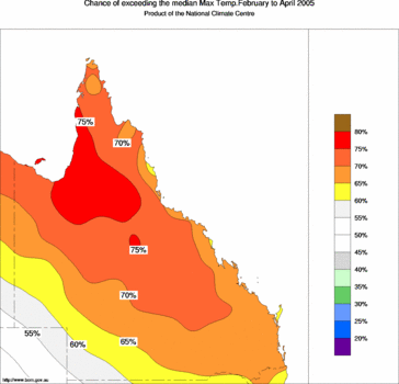 probability of exceeding median maximum temperature - click on the image for a larger version of the map