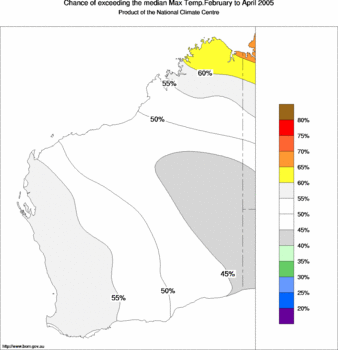 probability of exceeding median maximum temperature - click on the image for a larger version of the map
