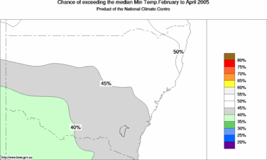 probability of exceeding median minimum temperature - click on the image for a larger version of the map