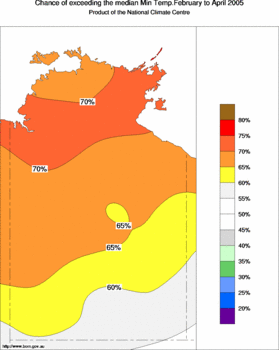 probability of exceeding median minimum temperature - click on the image for a larger version of the map