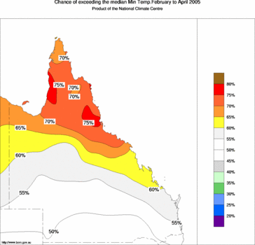 probability of exceeding median minimum temperature - click on the image for a larger version of the map