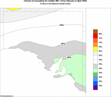 probability of exceeding median minimum temperature - click on the image for a larger version of the map