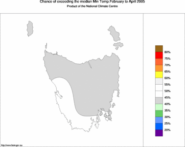 probability of exceeding median minimum temperature - click on the image for a larger version of the map