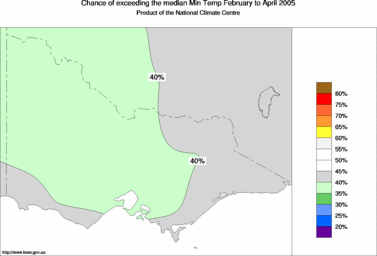 probability of exceeding median minimum temperature - click on the image for a larger version of the map