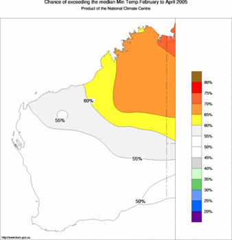 probability of exceeding median minimum temperature - click on the image for a larger version of the map