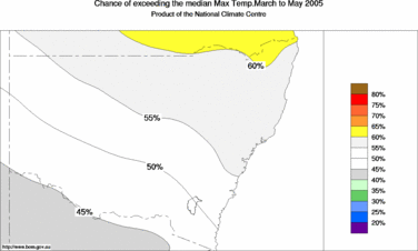 probability of exceeding median maximum temperature - click on the image for a larger version of the map