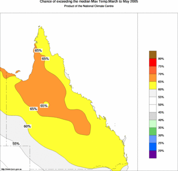 probability of exceeding median maximum temperature - click on the image for a larger version of the map