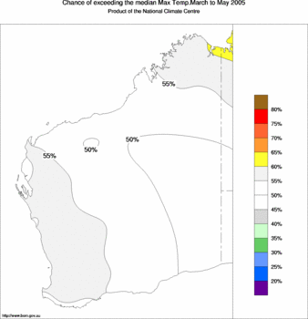probability of exceeding median maximum temperature - click on the image for a larger version of the map