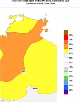 probability of exceeding median minimum temperature - click on the image for a larger version of the map