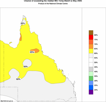 probability of exceeding median minimum temperature - click on the image for a larger version of the map