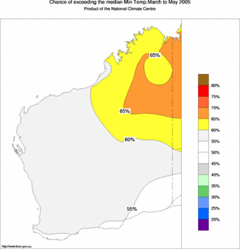 probability of exceeding median minimum temperature - click on the image for a larger version of the map