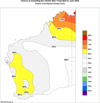 probability of exceeding median maximum temperature - click on the image for a larger version of the map