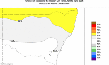 probability of exceeding median minimum temperature - click on the image for a larger version of the map