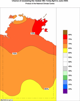 probability of exceeding median minimum temperature - click on the image for a larger version of the map