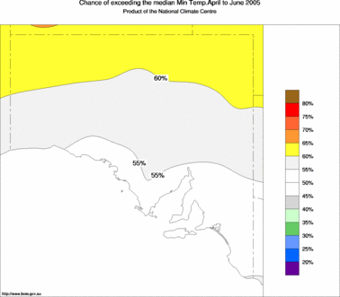 probability of exceeding median minimum temperature - click on the image for a larger version of the map