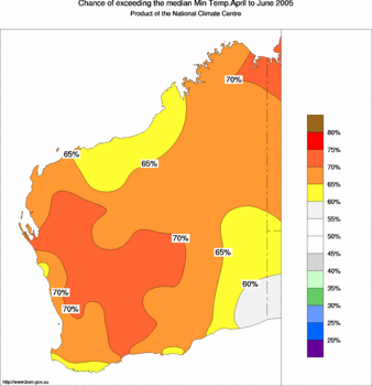 probability of exceeding median minimum temperature - click on the image for a larger version of the map