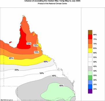 probability of exceeding median maximum temperature - click on the image for a larger version of the map