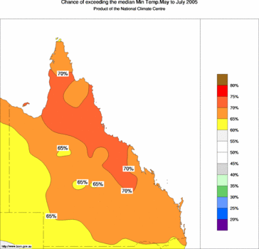 probability of exceeding median minimum temperature - click on the image for a larger version of the map