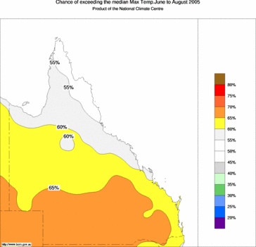 probability of exceeding median maximum temperature - click on the image for a larger version of the map