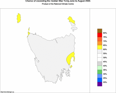 probability of exceeding median maximum temperature - click on the image for a larger version of the map
