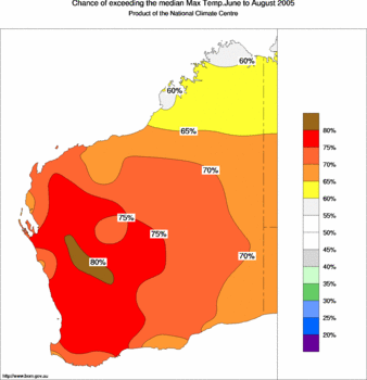 probability of exceeding median maximum temperature - click on the image for a larger version of the map