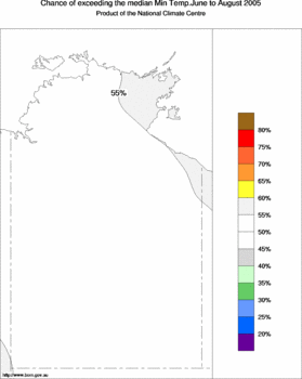 probability of exceeding median minimum temperature - click on the image for a larger version of the map