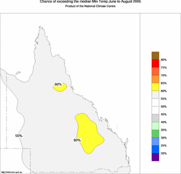 probability of exceeding median minimum temperature - click on the image for a larger version of the map