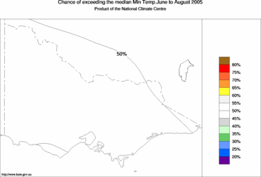 probability of exceeding median minimum temperature - click on the image for a larger version of the map