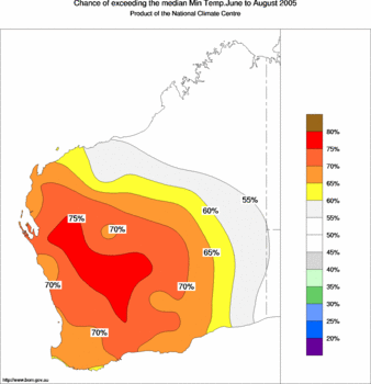 probability of exceeding median minimum temperature - click on the image for a larger version of the map