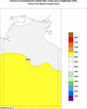 probability of exceeding median maximum temperature - click on the image for a larger version of the map