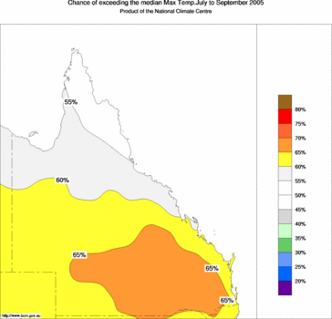 probability of exceeding median maximum temperature - click on the image for a larger version of the map