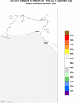 probability of exceeding median minimum temperature - click on the image for a larger version of the map