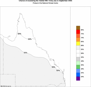 probability of exceeding median minimum temperature - click on the image for a larger version of the map