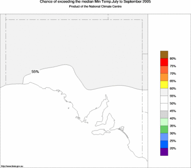 probability of exceeding median minimum temperature - click on the image for a larger version of the map