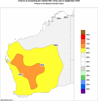 probability of exceeding median minimum temperature - click on the image for a larger version of the map