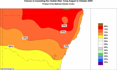 probability of exceeding median maximum temperature - click on the image for a larger version of the map
