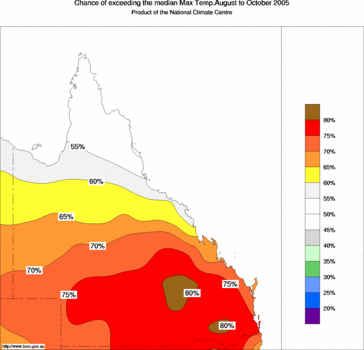 probability of exceeding median maximum temperature - click on the image for a larger version of the map