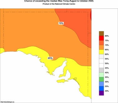 probability of exceeding median maximum temperature - click on the image for a larger version of the map