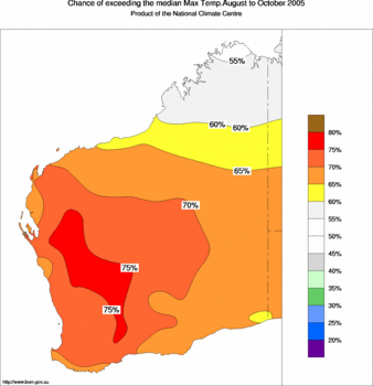 probability of exceeding median maximum temperature - click on the image for a larger version of the map