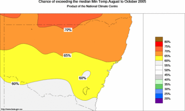 probability of exceeding median minimum temperature - click on the image for a larger version of the map