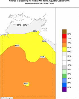 probability of exceeding median minimum temperature - click on the image for a larger version of the map