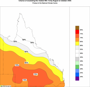 probability of exceeding median minimum temperature - click on the image for a larger version of the map
